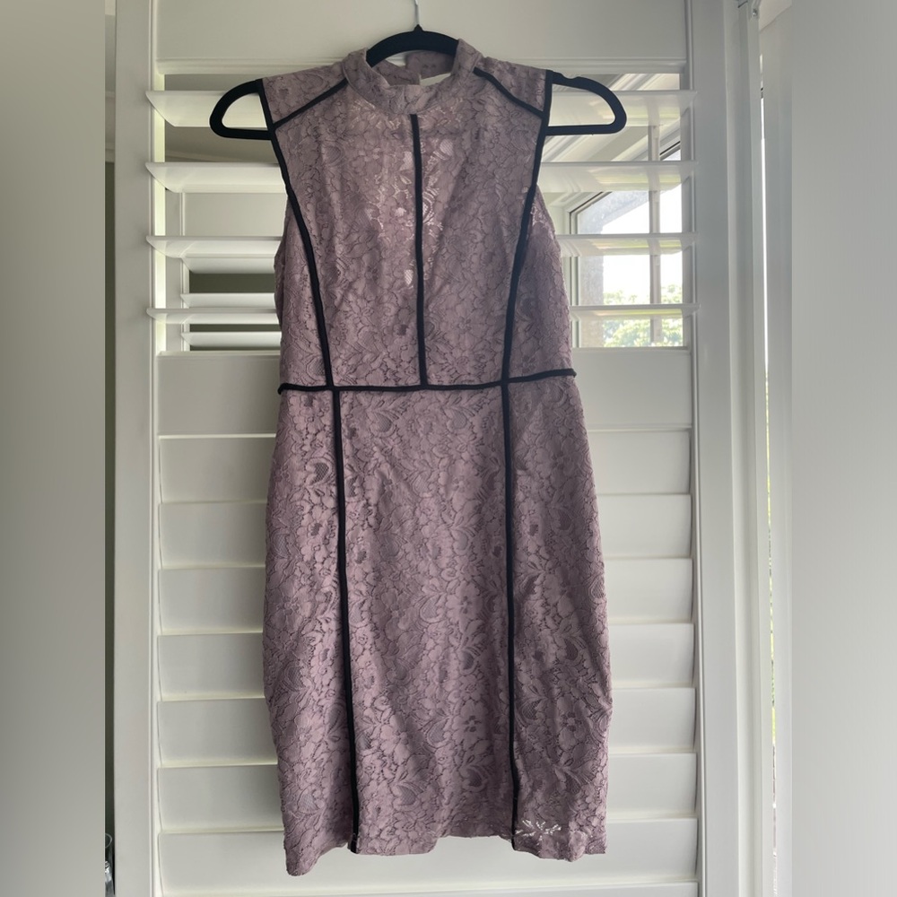 Lace high neck Dress in lavender with Black Trim